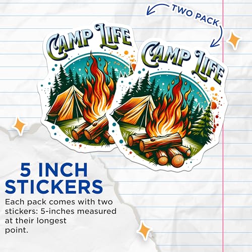 (2 Pack) Camp Life Stickers - Camping Adventure - Outdoor Fire Pit - Nature Tent Forest Decal - 5" On Longest Side - Sticks to Smooth Flat Surfaces - Made in USA - BMCS7130