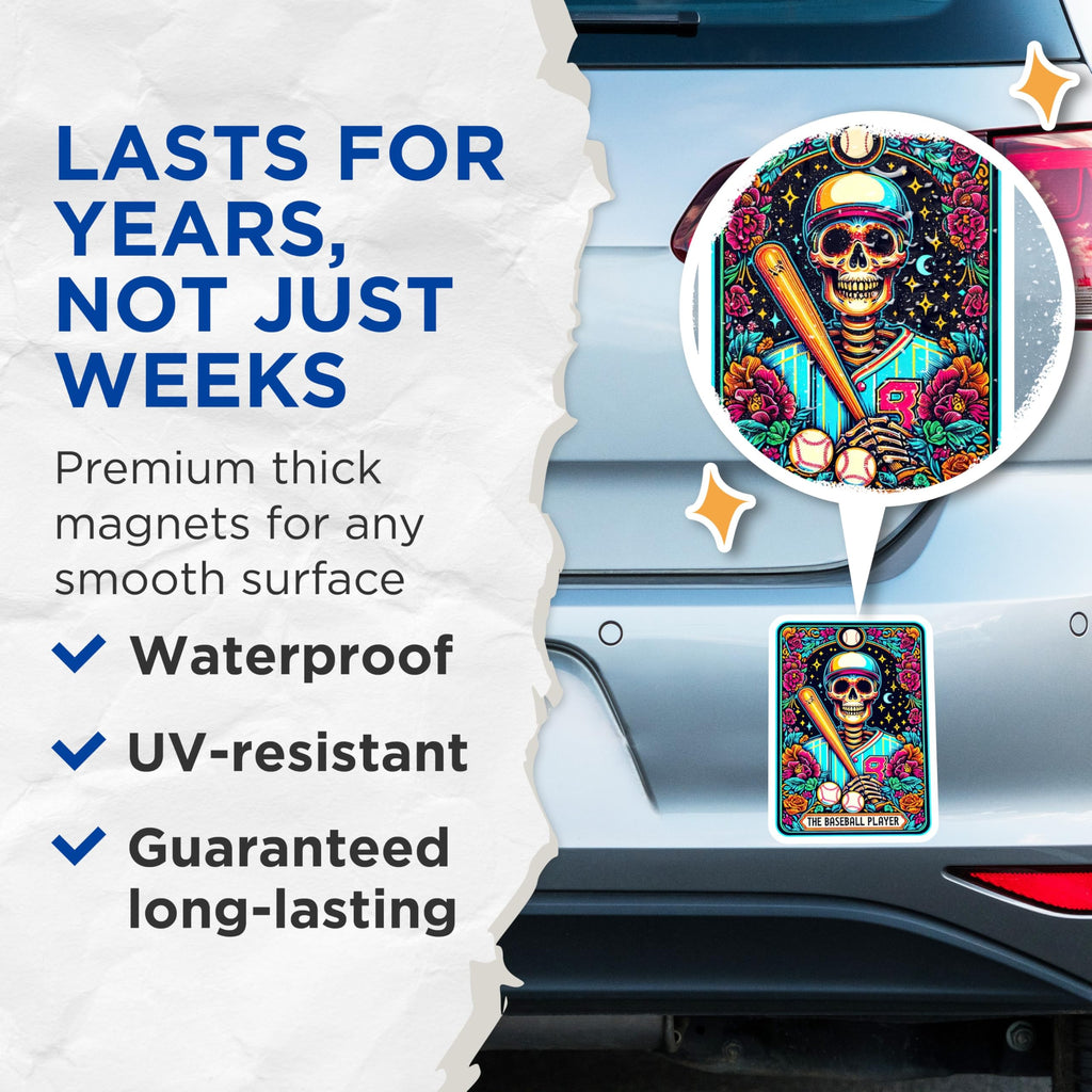 (2 Pack) Dia de Los Muertos Baseball Magnets - Sugar Skull Sports Player - Vibrant Skeleton Art Decor - 5 Inches On Longest Side - Thick Durable Magnet - Made in USA - MAG25737