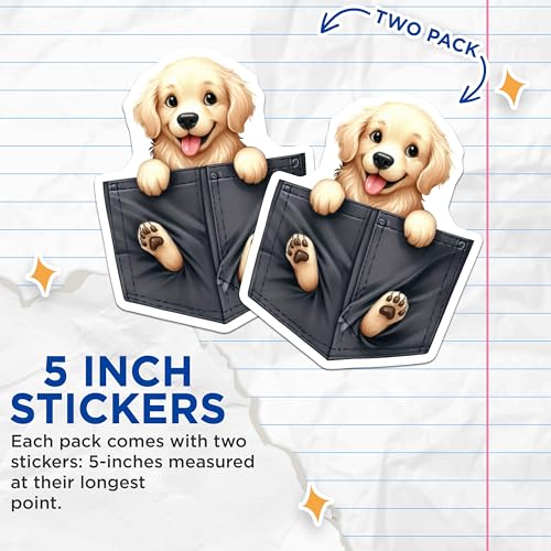 (2 Pack) Cute Puppy in Pocket Stickers - Adorable Dog Stickers - Fun Animal Stickers for Kids - 5" On Longest Side - Sticks to Smooth Flat Surfaces - Made in USA - BMCS4075
