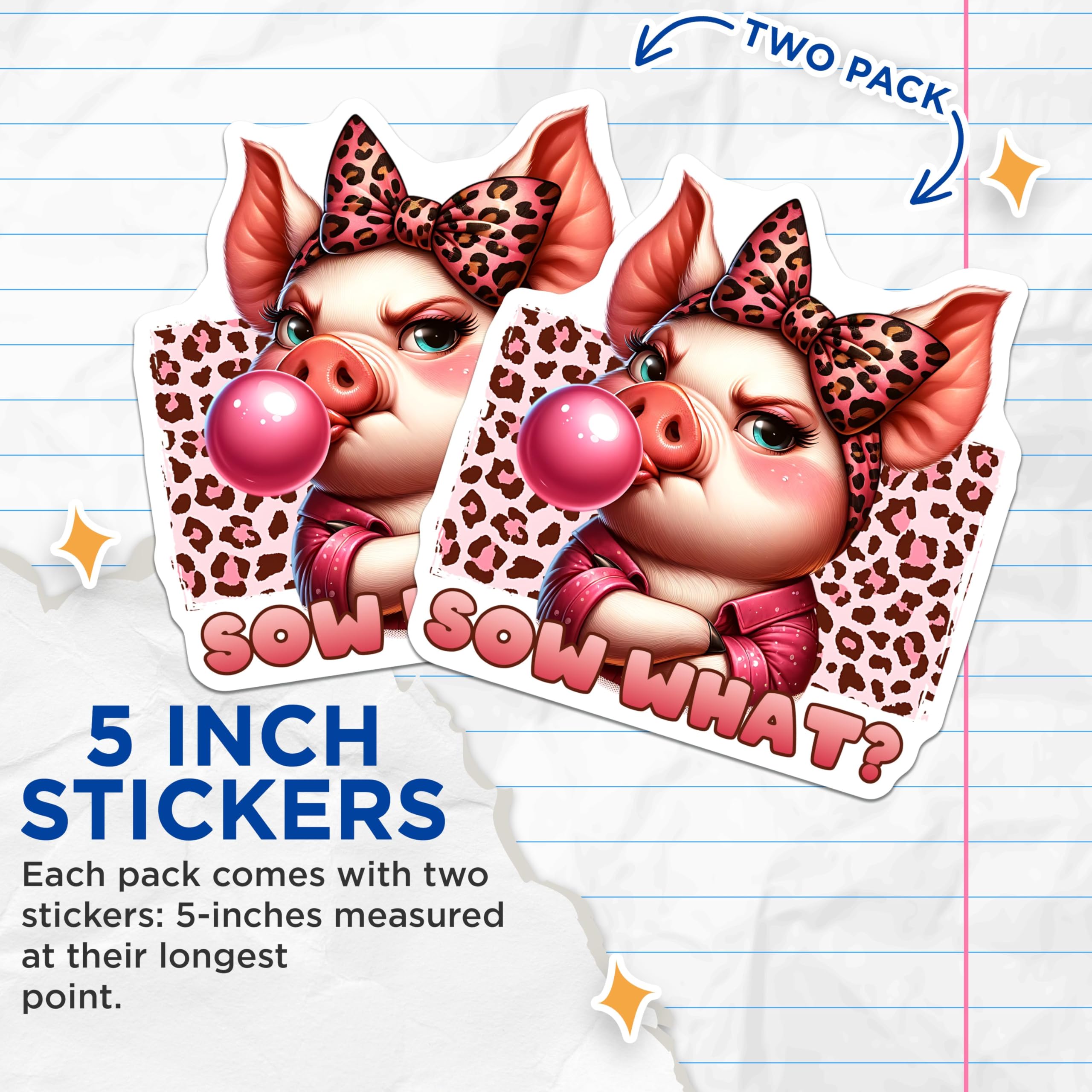 (2 Pack) Funny Pig Stickers - Cute Pig with Bow - Bubble Gum - Animal Themed - 5" On Longest Side - Sticks to Smooth Flat Surfaces - Made in USA - BMCS7932