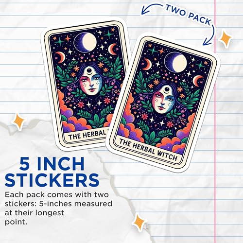 (2 Pack) The Herbal Witch Stickers - Mystical Art Stickers - Witchy Decor - Moon Phases Stickers - 5" On Longest Side - Sticks to Smooth Flat Surfaces - Made in USA - BMCS5429