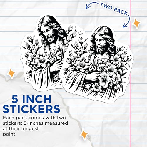 (2 Pack) Religious Art Stickers - Jesus Floral Sticker - Christian Decor - 5" On Longest Side - Sticks to Smooth Flat Surfaces - Made in USA - BMCS7315
