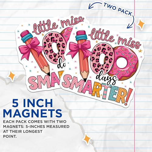 (2 Pack) Little Miss 100 Days Smarter Magnets - 100th Day of School Magnets - Classroom Celebration Magnets - 5" On Longest Side - for Cars, Refrigerators, Toolboxes, Lockers - Made in USA BMCS3518
