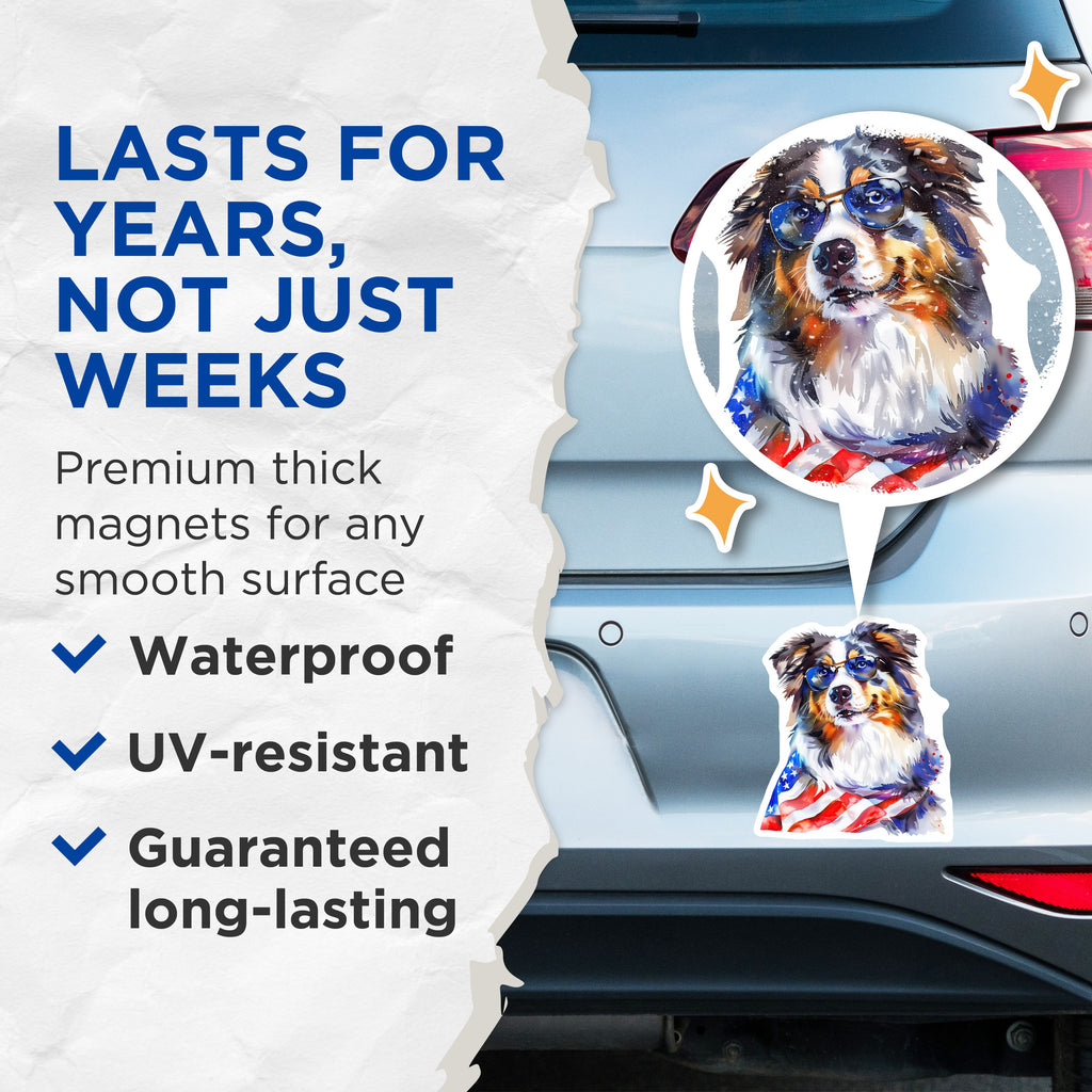 (2 Pack) Australian Shepherd Magnets - Patriotic Dog Art - USA Flag Decor for Dog Lovers - 5 Inches On Longest Side - Thick Durable Magnet - Made in USA - MAG38265