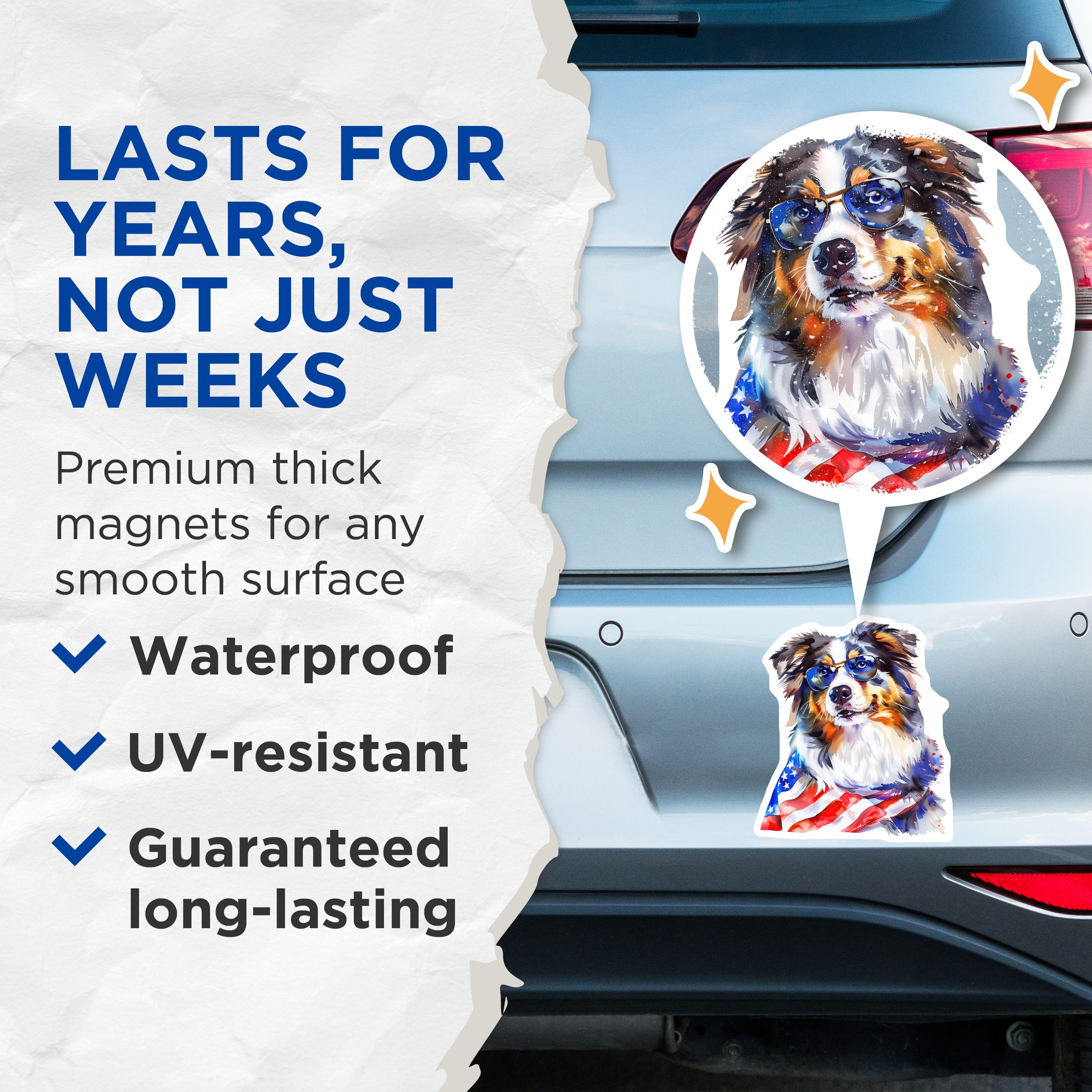 (2 Pack) Australian Shepherd Magnets - Patriotic Dog Art - USA Flag Decor for Dog Lovers - 5 Inches On Longest Side - Thick Durable Magnet - Made in USA - MAG38265