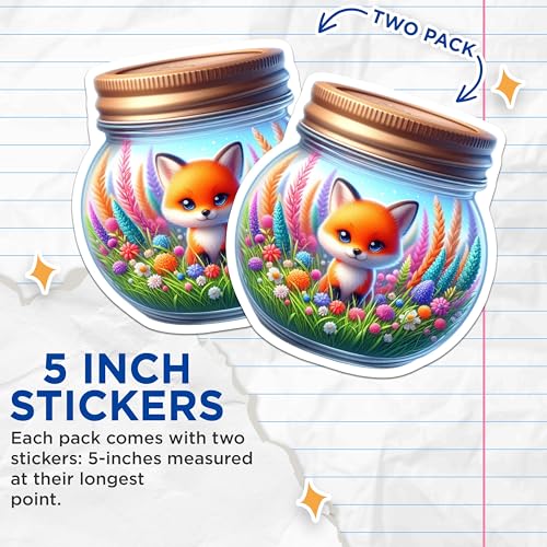 (2 Pack) Cute Fox Stickers - Colorful Floral Animal Stickers - Decorative Nature Stickers - 5" On Longest Side - Sticks to Smooth Flat Surfaces - Made in USA - BMCS9356