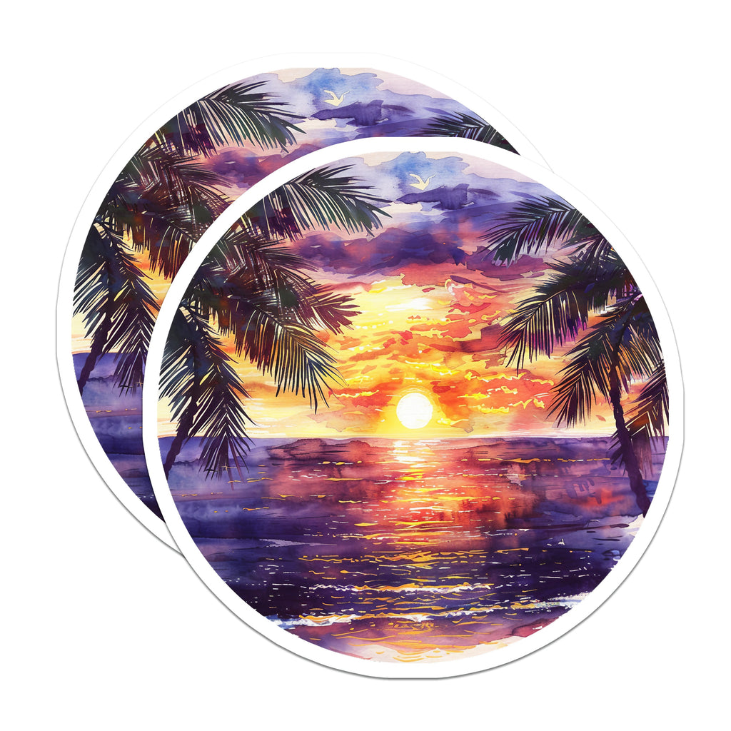 (2 Pack) Tropical Sunset Magnets - Beach Ocean Scene - Watercolor Palm Tree Art - Coastal Home Decor - Summer Vacation Vibes - 5 Inches On Longest Side - Thick Durable Magnet - Made in USA - MAG37957