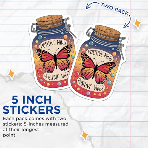 (2 Pack) Positive Mind Positive Vibes Stickers - Inspirational Butterfly - Motivational Jar Art - 5" On Longest Side - Sticks to Smooth Flat Surfaces - Made in USA - BMCS6591