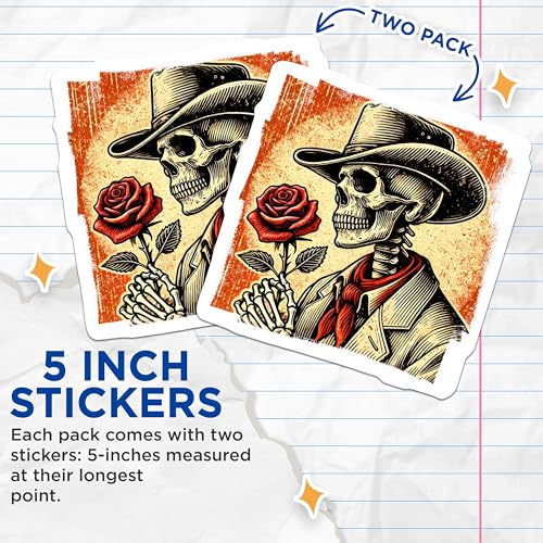 (2 Pack) Skeleton Cowboy Stickers - Western Theme - Vintage Skull Art Stickers - 5" On Longest Side - Sticks to Smooth Flat Surfaces - Made in USA - BMCS5684