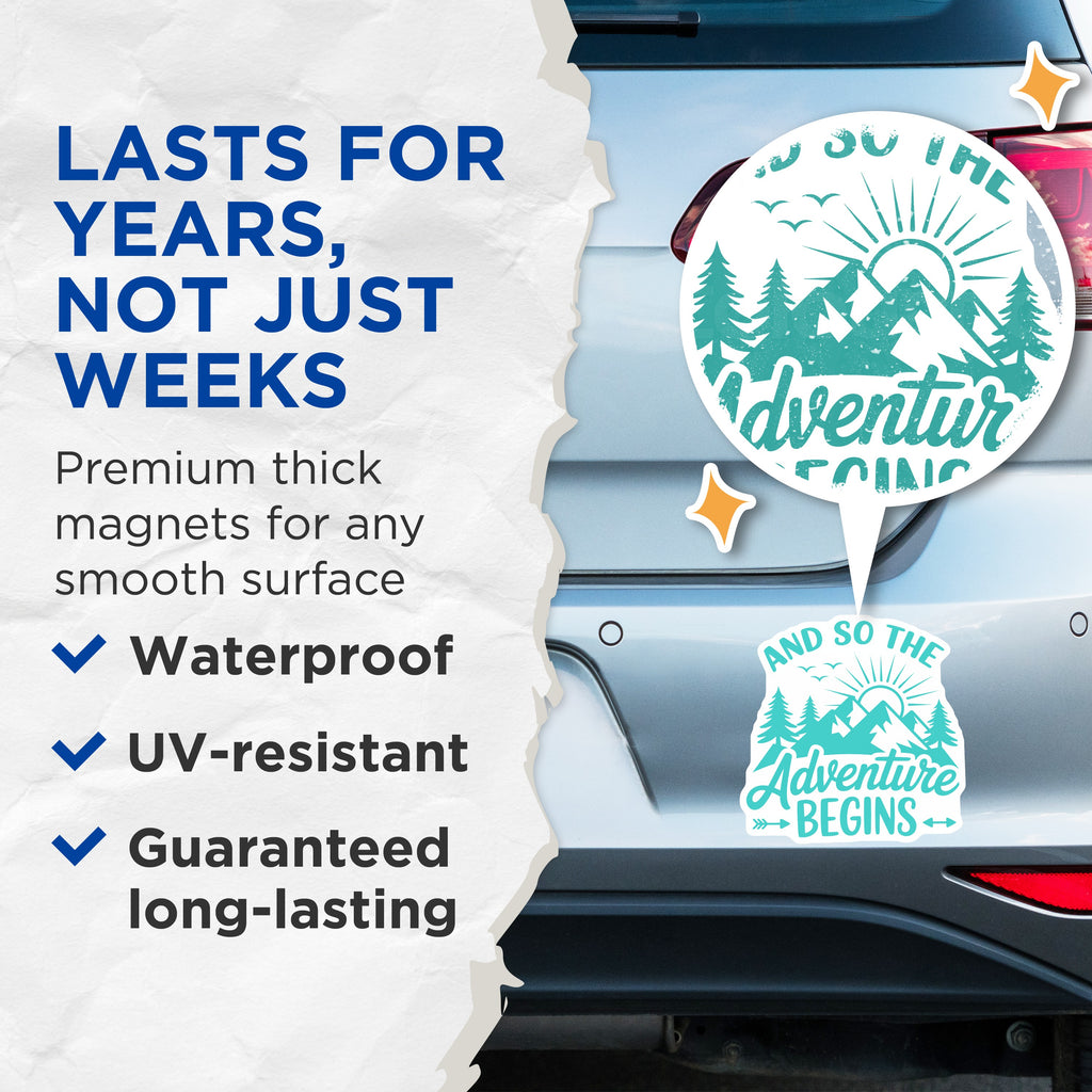 (2 Pack) Adventure Begins Magnets - Mountain Nature Decor - Wanderlust Explorer Quote - 5 Inches On Longest Side - Thick Durable Magnet - Made in USA - MAG39754