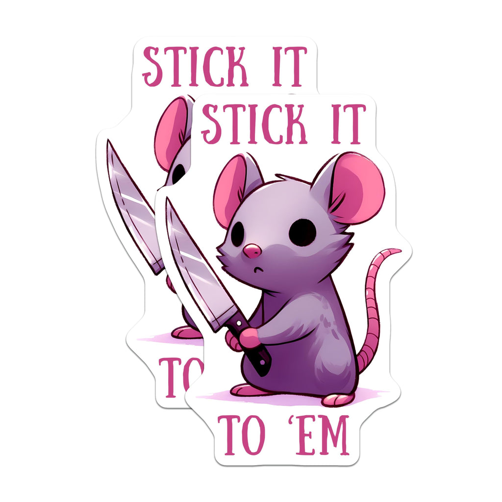 (2 Pack) Stick It to Em Mouse Stickers - Cute Rat with Knife - Motivational Animal Decal - 5" On Longest Side - Sticks to Smooth Flat Surfaces - Made in USA - BMCS9689