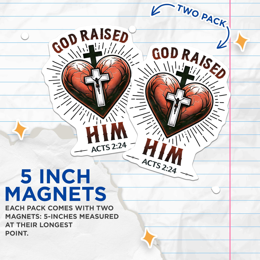 (2 Pack) Christian Acts 2:24 Magnets - Jesus Cross Heart - Religious Easter Decor - 5 Inches On Longest Side - Thick Durable Magnet - Made in USA - MAG27580