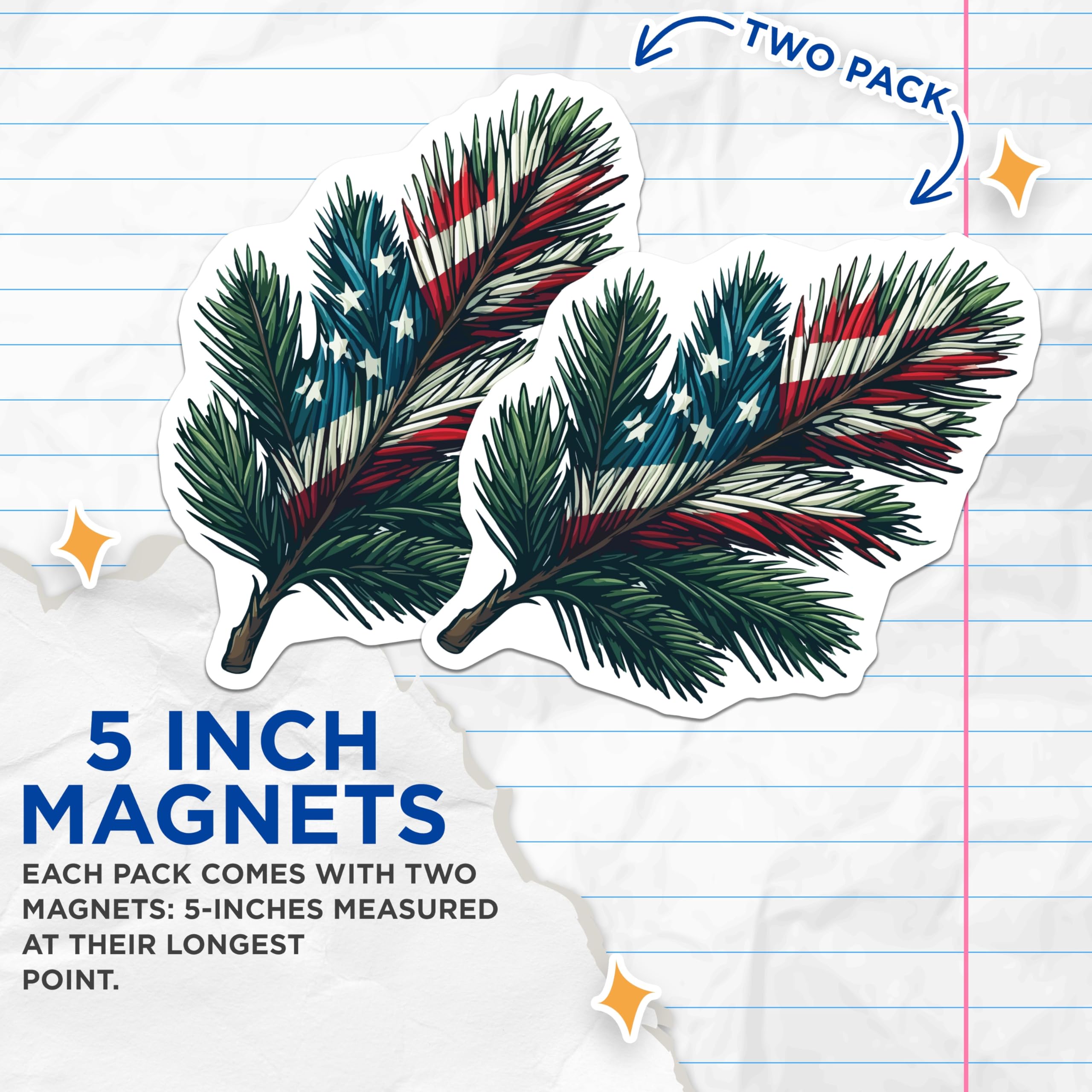 (2 Pack) American Flag Pine Magnets - Patriotic Evergreen Branch Decor - Fourth of July Veterans Day Tribute Display - 5 Inches On Longest Side - Thick Durable Magnet - Made in USA - MAG20060