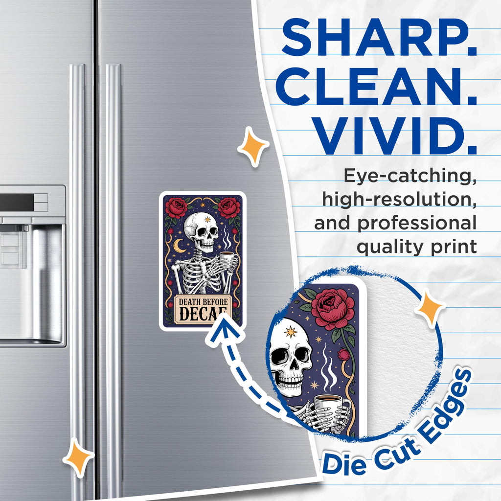 (2 Pack) Skeleton Coffee Magnets - Death Before Decaf Decor - Funny Coffee Lover Accent - 5 Inches On Longest Side - Thick Durable Magnet - Made in USA - MAG21003