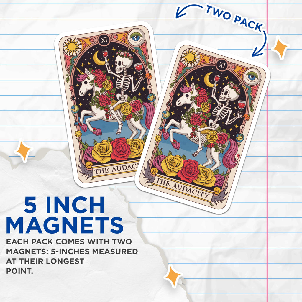 (2 Pack) Skeleton Unicorn Tarot Magnets - The Audacity Card Art - Whimsical Gothic Decor - 5 Inches On Longest Side - Thick Durable Magnet - Made in USA - MAG20451
