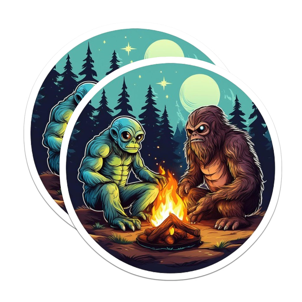 (2 Pack) Alien Bigfoot Campfire Magnets - Cryptid Sasquatch Art - Forest Night Scene Decor - 5 Inches On Longest Side - Thick Durable Magnet - Made in USA - MAG22567