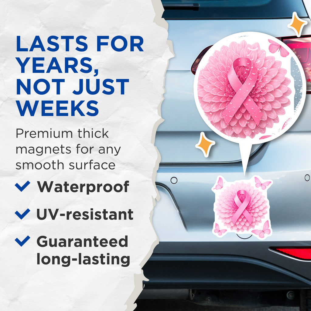 (2 Pack) Breast Cancer Awareness Magnets - Pink Ribbon Support - Floral Butterfly Hope Decor - 5 Inches On Longest Side - Thick Durable Magnet - Made in USA - MAG39322