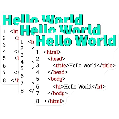 (3 Pack) Hello World Decals - HTML Code Decals - Programmer Sticker - 3 Inches On Longest Side - Easy Peel & Apply - Made in USA - 3MCS6199