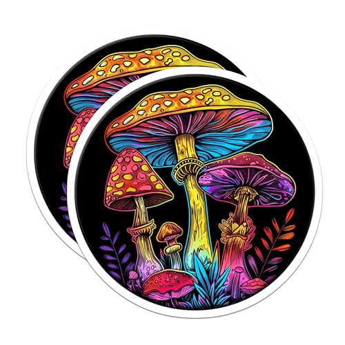 (2 Pack) Colorful Mushroom Stickers - Trippy Art - Nature Psychedelic - 5" On Longest Side - Sticks to Smooth Flat Surfaces - Made in USA - BMCS6833