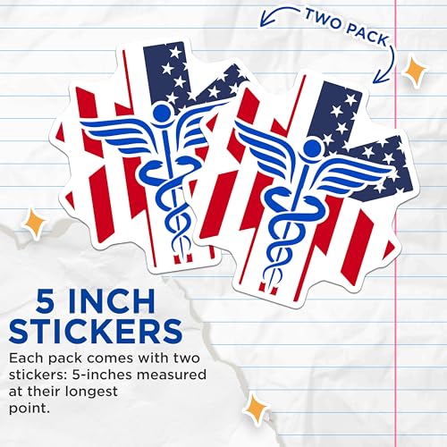 (2 Pack) American Medic Stickers - Medical Symbol Stickers - Patriotic Healthcare Stickers - 5" On Longest Side - Sticks to Smooth Flat Surfaces - Made in USA - BMCS4860