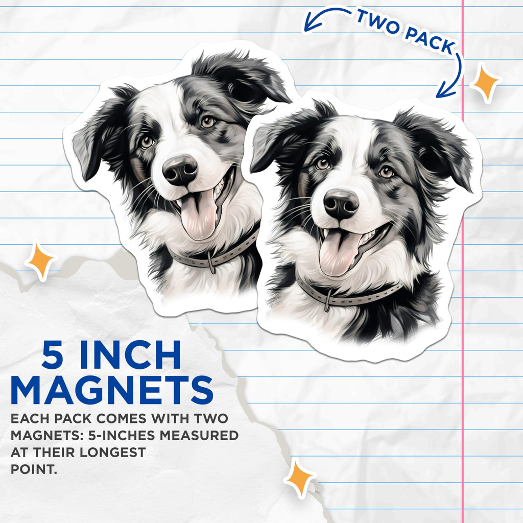 (2 Pack) Border Collie Dog Magnets - Happy Pet Portrait Artwork - Dog Mom Dad Fridge Locker Decor - 5 Inches On Longest Side - Thick Durable Magnet - Made in USA - MAG30218