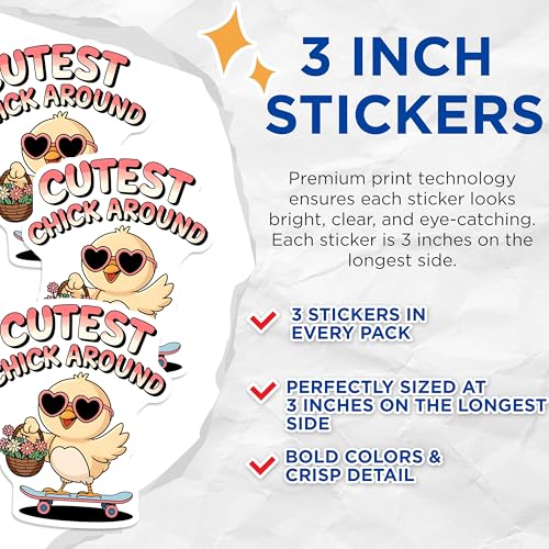 (3 Pack) Easter Chick Decals - Cute Chick - Skateboard Chick Decals - 3 Inches On Longest Side - Easy Peel & Apply - Made in USA - 3MCS2658