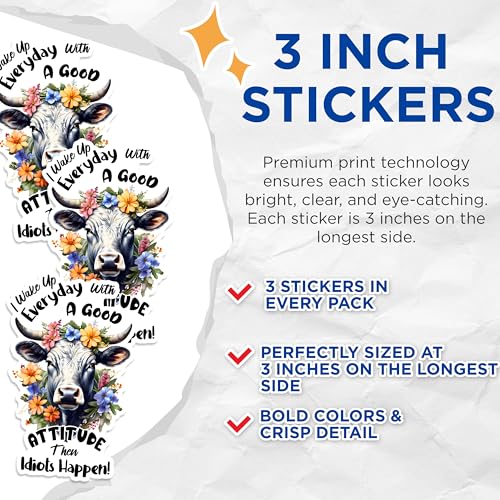 (3 Pack) Attitude Cow Decals - Floral Cow Decal - Funny Cow Laptop Decals - 3 Inches On Longest Side - Easy Peel & Apply - Made in USA - 3MCS1708