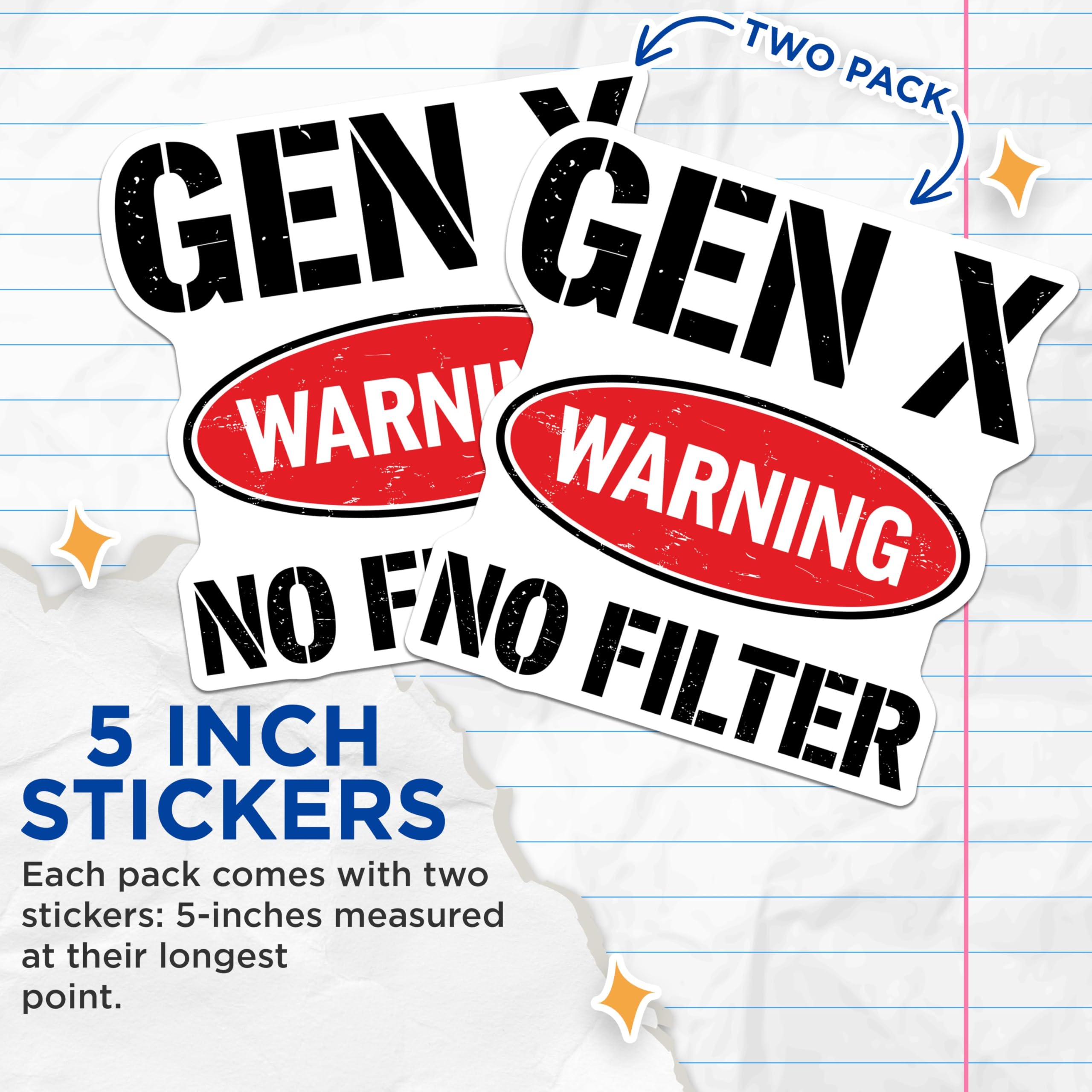 (2 Pack) Gen X Warning No Filter Stickers - Bold Funny - 5" On Longest Side - Sticks to Smooth Flat Surfaces - Made in USA - BMCS5602