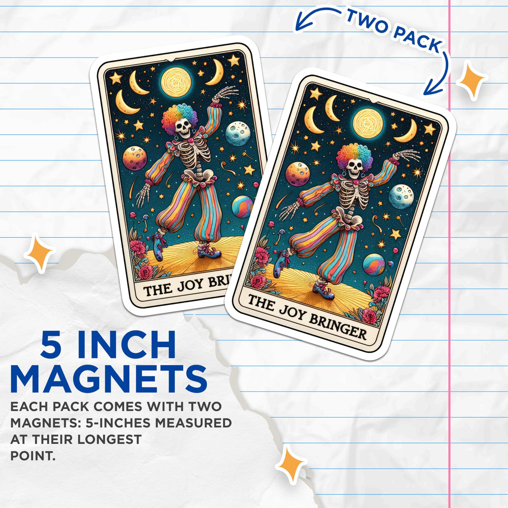 (2 Pack) Rainbow Clown Skeleton Magnets - Joy Bringer Tarot Art - Whimsical Celestial Decor - 5 Inches On Longest Side - Thick Durable Magnet - Made in USA - MAG23129