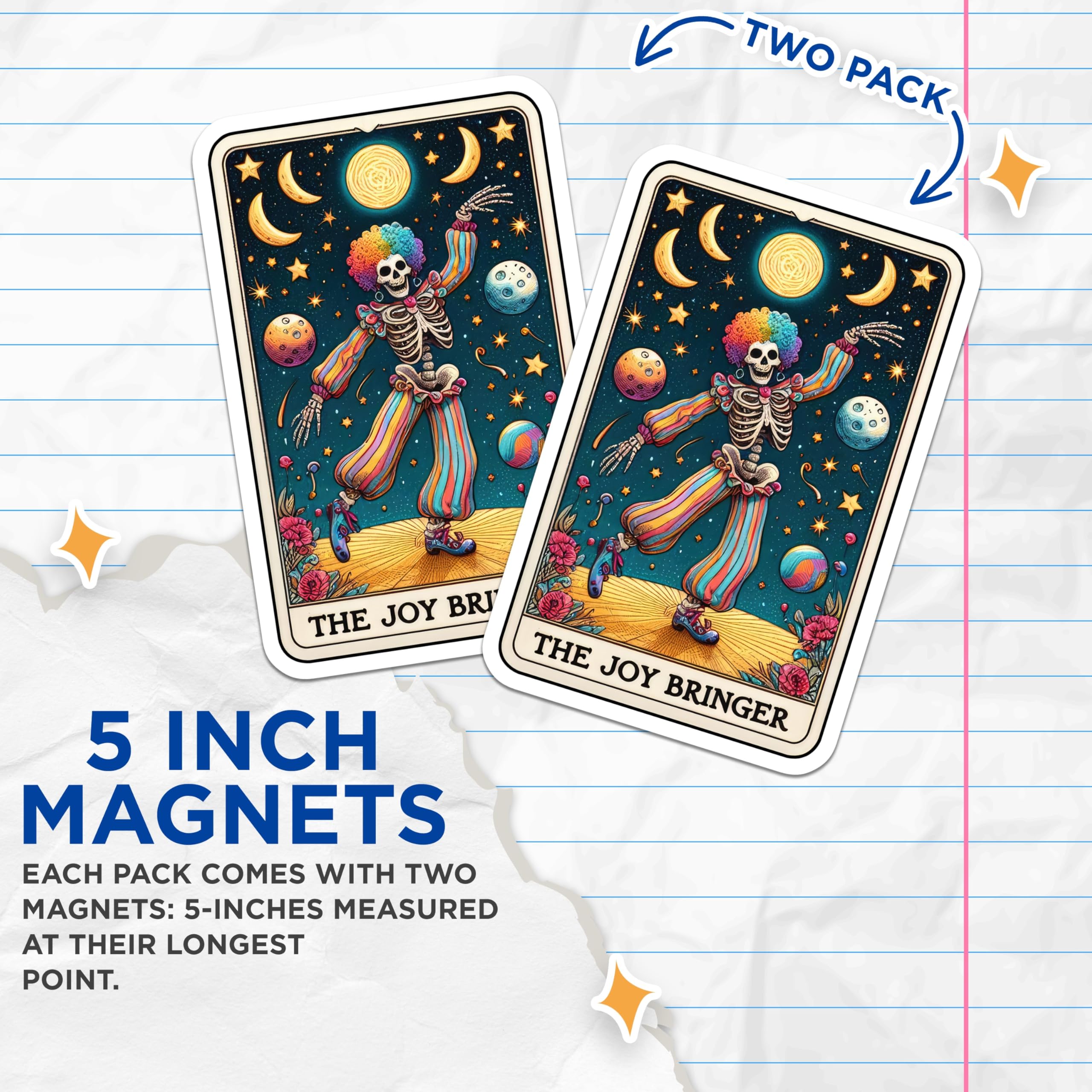 (2 Pack) Rainbow Clown Skeleton Magnets - Joy Bringer Tarot Art - Whimsical Celestial Decor - 5 Inches On Longest Side - Thick Durable Magnet - Made in USA - MAG23129