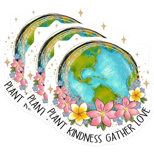 (3 Pack) Plant Kindness Earth Decals - Floral Globe Stickers - Laptop Water Bottle Decals - 3 Inches On Longest Side - Easy Peel & Apply - Made in USA - 3MCS2934