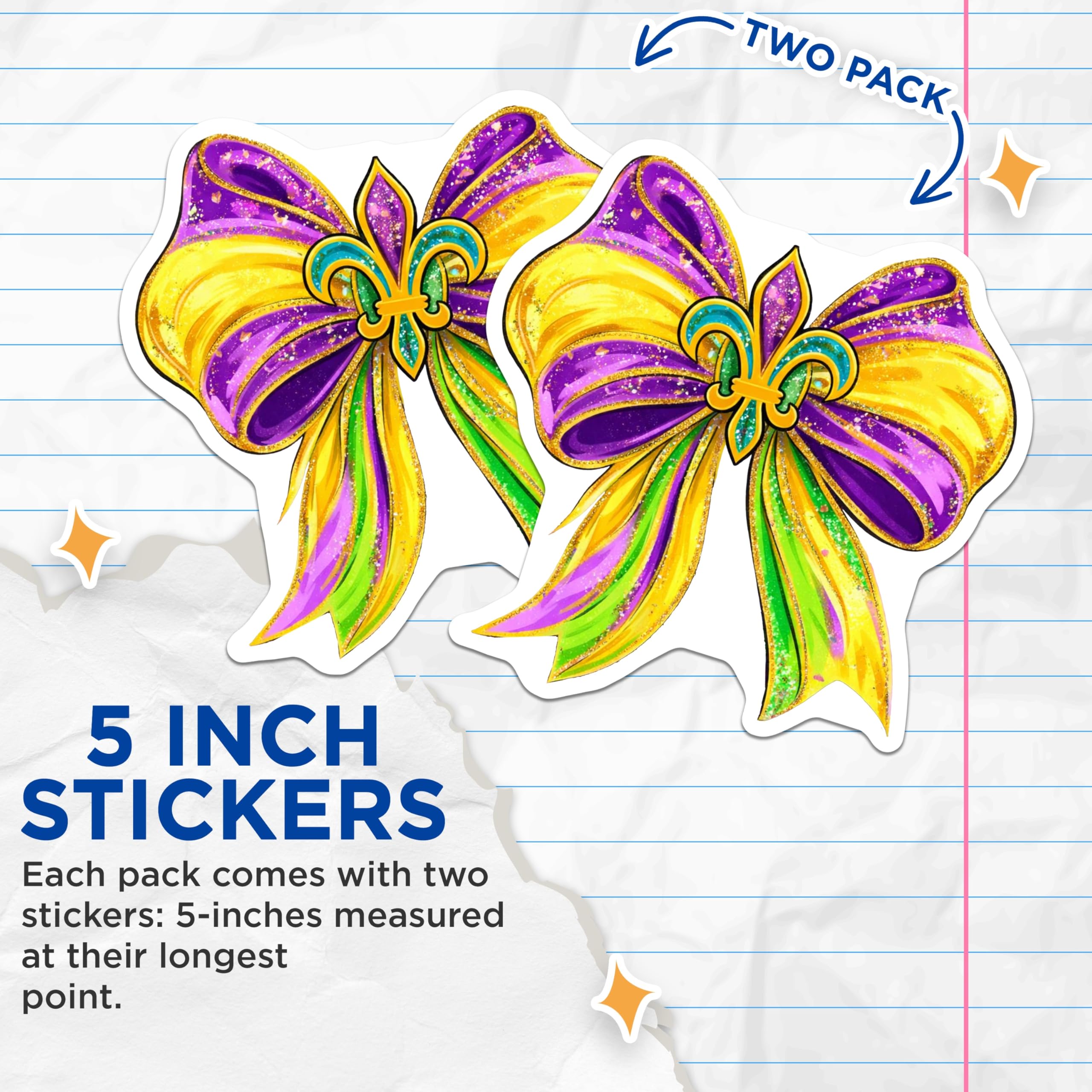 (2 Pack) Mardi Gras Bow Stickers - Fleur de Lis Decor - Celebration Decal - 5" On Longest Side - Sticks to Smooth Flat Surfaces - Made in USA - BMCS17062