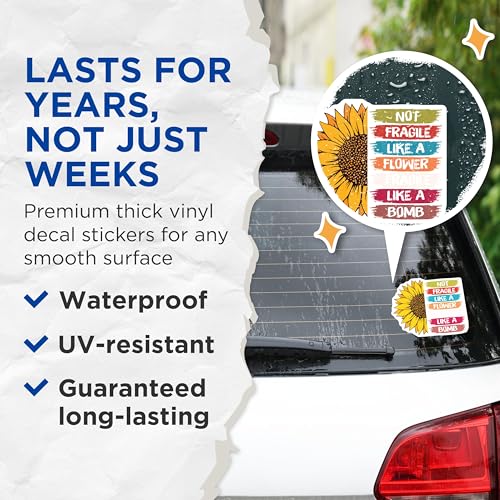 (2 Pack) Not Fragile Like A Flower Stickers - Sunflower Stickers - Motivational Quote Stickers - 5" On Longest Side - Sticks to Smooth Flat Surfaces - Made in USA - BMCS4702