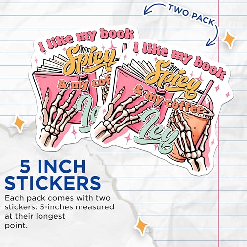 (2 Pack) Spicy Book Lover Stickers - Skeleton Coffee Meme - Funny Bookworm - Book and Coffee Enthusiast - 5" On Longest Side - Sticks to Smooth Flat Surfaces - Made in USA - BMCS7529