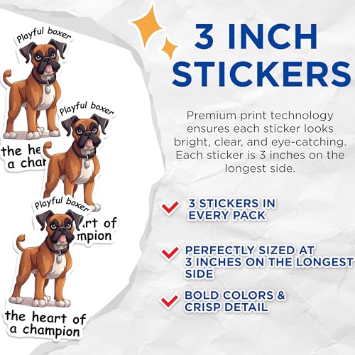 (3 Pack) Boxer Dog Decals - Playful Boxer - Heart of A Champion - Dog Lover Gift - 3 Inches On Longest Side - Easy Peel & Apply - Made in USA - 3MCS1262