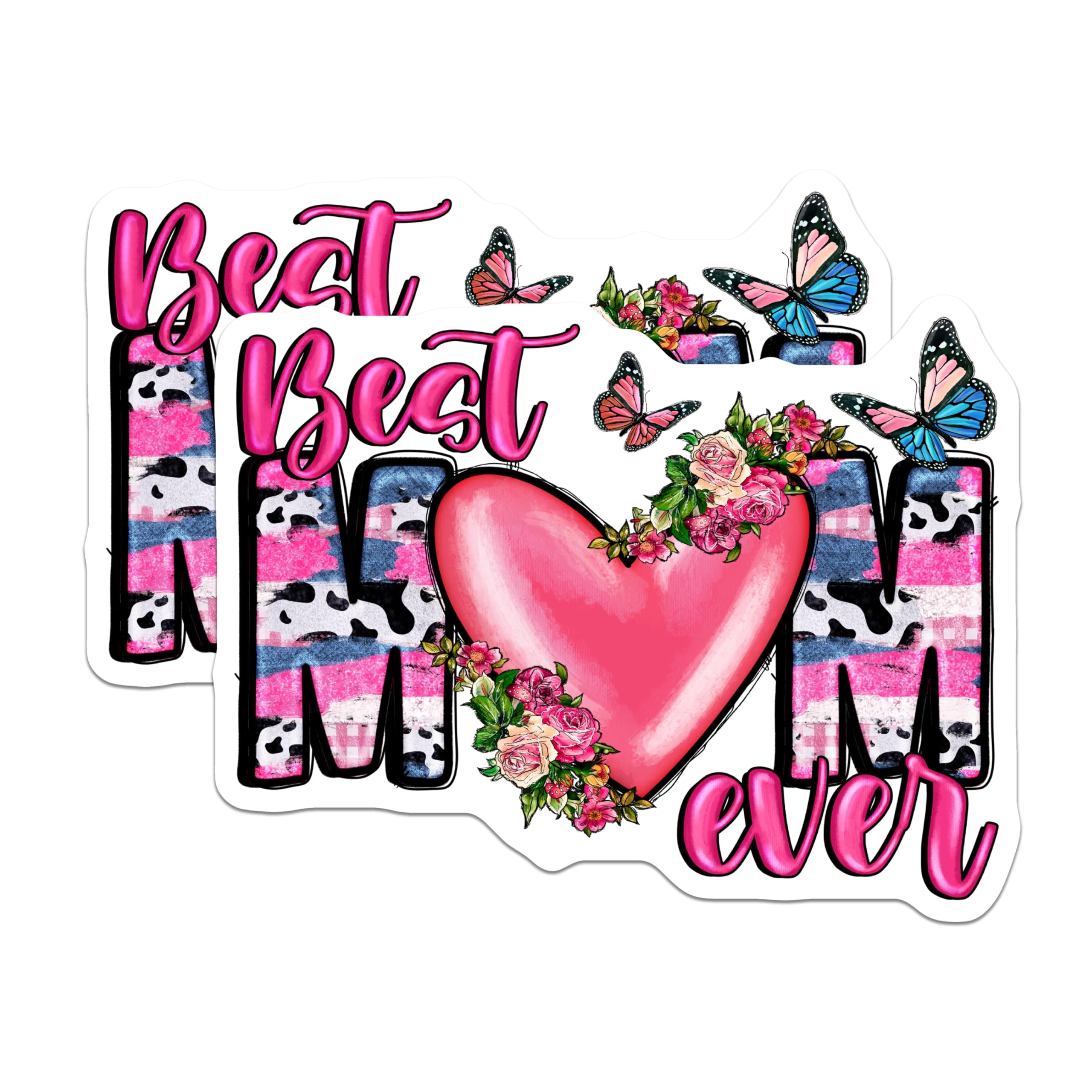 (2 Pack) Best Mom Ever Magnets - Floral Heart Decor - Pink Cow Print Fridge Art - 5 Inches On Longest Side - Thick Durable Magnet - Made in USA - MAG29320