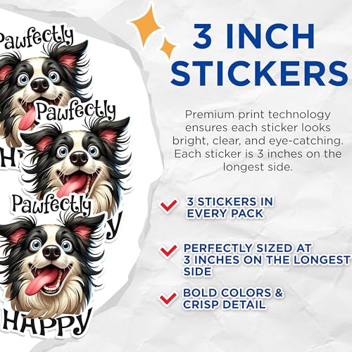 (3 Pack) Border Collie Decals - Happy Dog Face - Laptop Decal - 3 Inches On Longest Side - Easy Peel & Apply - Made in USA - 3MCS1604