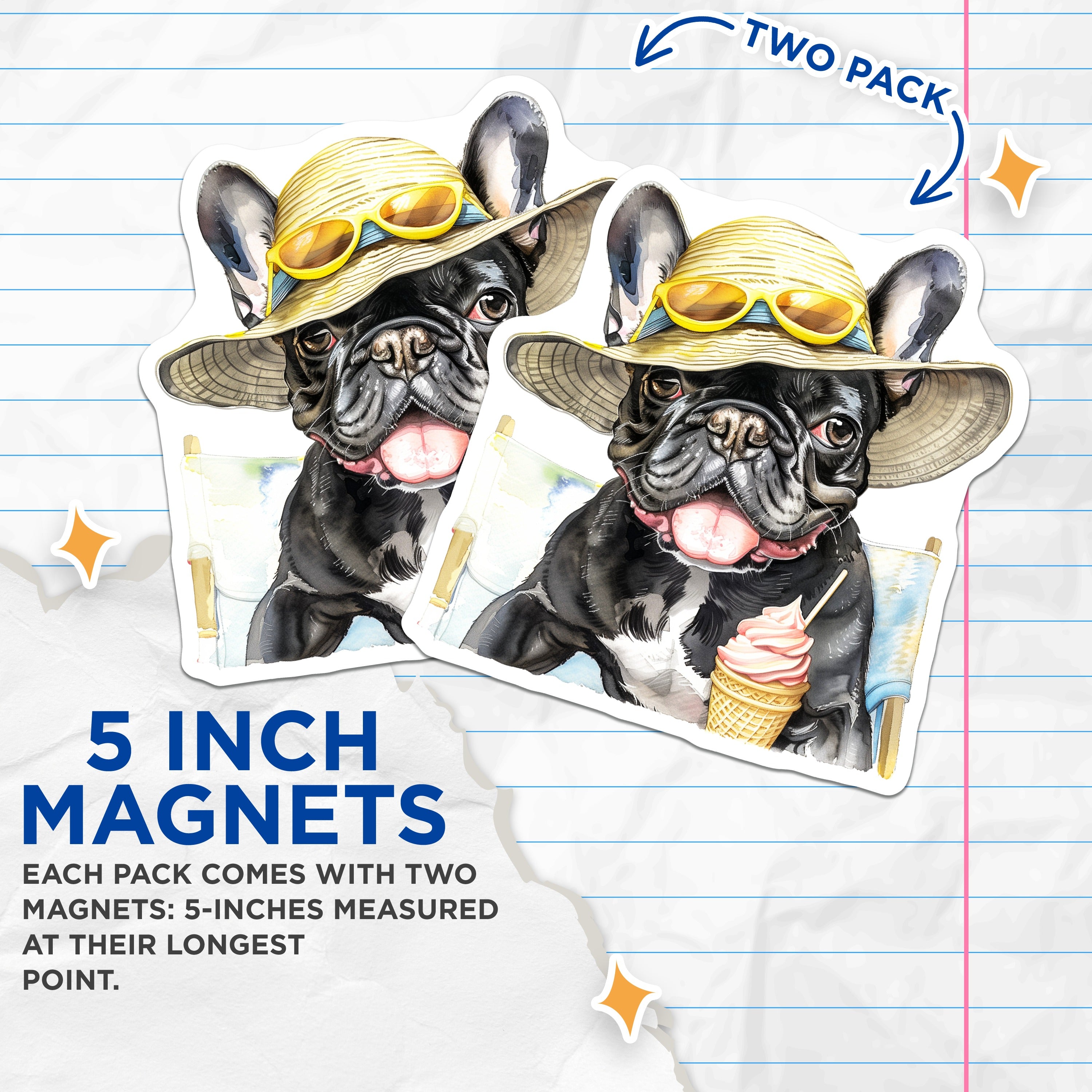(2 Pack) French Bulldog Magnets - Beach Dog Art - Summer Vacation Vibes - Pet Lover Accessory - Fridge Locker Decor - 5 Inches On Longest Side - Thick Durable Magnet - Made in USA - MAG36429