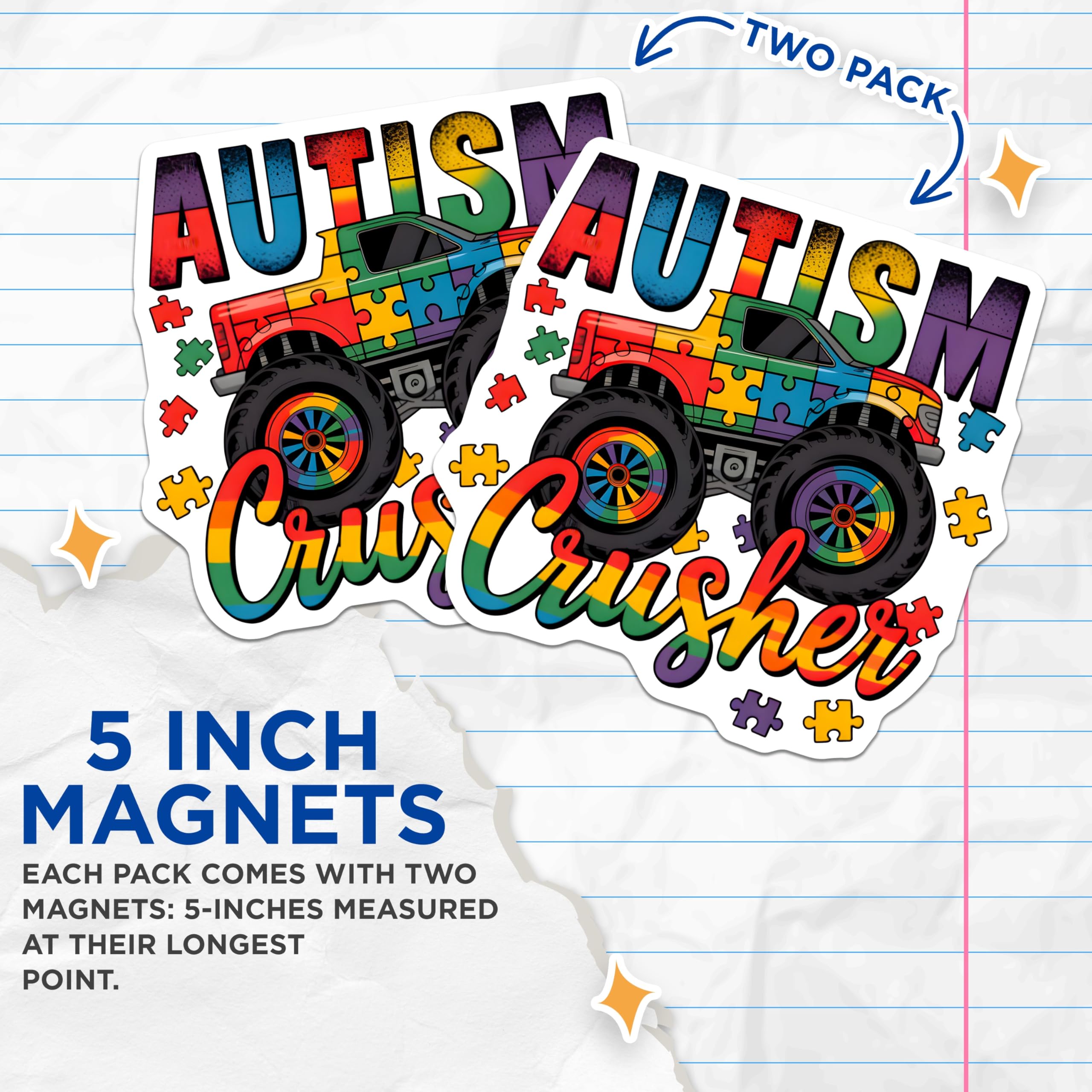 (2 Pack) Autism Crusher Monster Truck Magnets - Neurodiversity Awareness Decor - Special Needs Advocacy Display - 5 Inches On Longest Side - Thick Durable Magnet - Made in USA - MAG28662