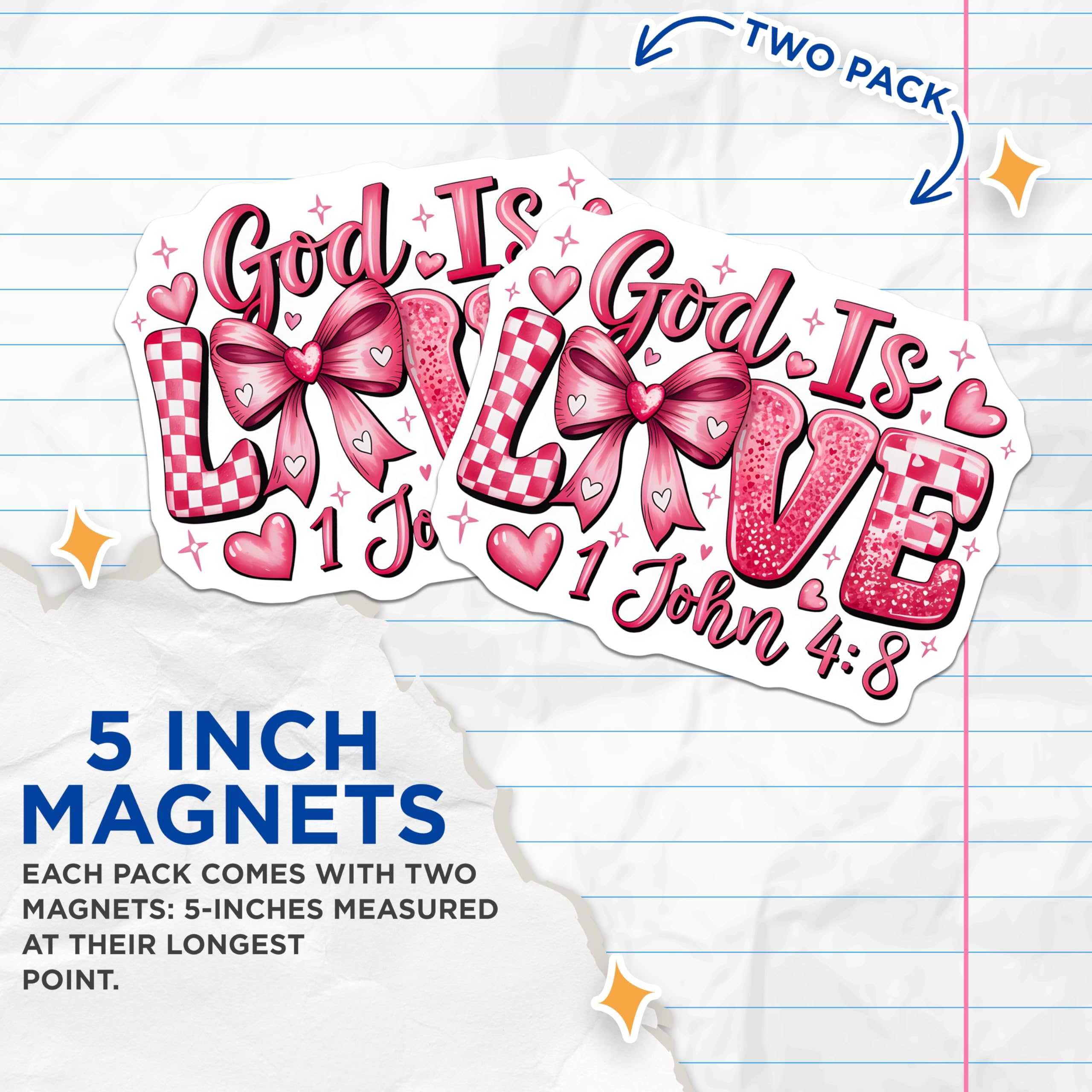 (2 Pack) God is Love Magnets - 1 John 4 8 Scripture Decor - Christian Faith Inspiration - Pink Heart Valentine Art - 5 Inches On Longest Side - Thick Durable Magnet - Made in USA - MAG19622