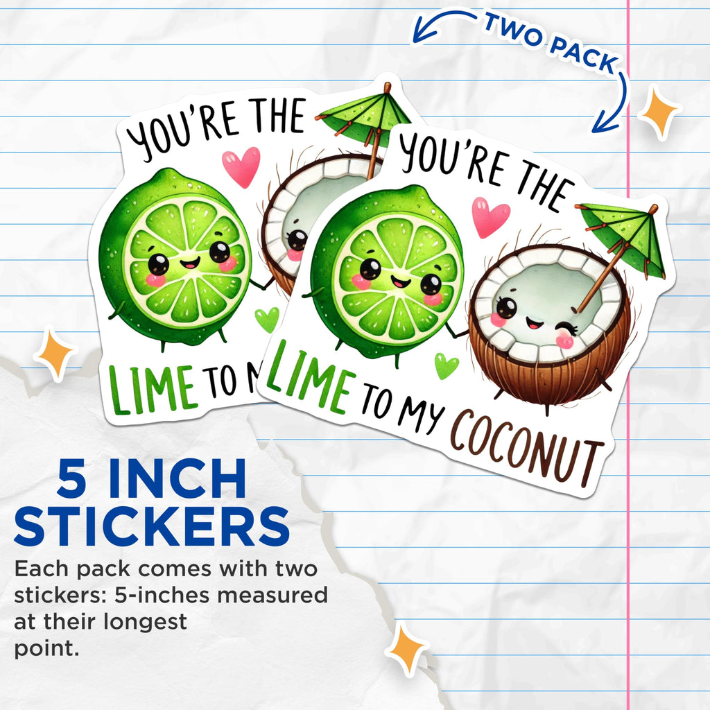 (2 Pack) Cute Lime and Coconut Stickers - Kawaii Fruit Stickers - Lime to My Coconut Stickers - 5" On Longest Side - Sticks to Any Smooth Flat Surface - Made in USA - BMCS3517