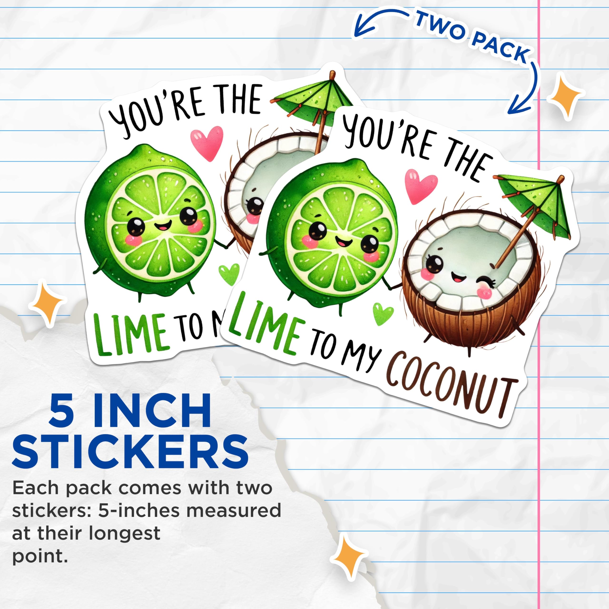 (2 Pack) Cute Lime and Coconut Stickers - Kawaii Fruit Stickers - Lime to My Coconut Stickers - 5" On Longest Side - Sticks to Any Smooth Flat Surface - Made in USA - BMCS3517