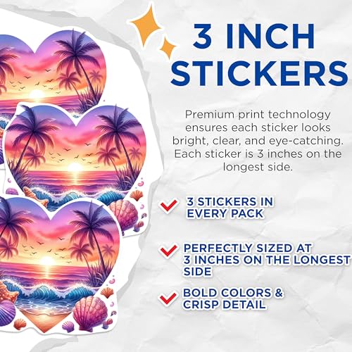 (3 Pack) Beach Sunset Decals - Tropical Palm Tree Decals - Ocean Waves - 3 Inches On Longest Side - Easy Peel & Apply - Made in USA - 3MCS1013
