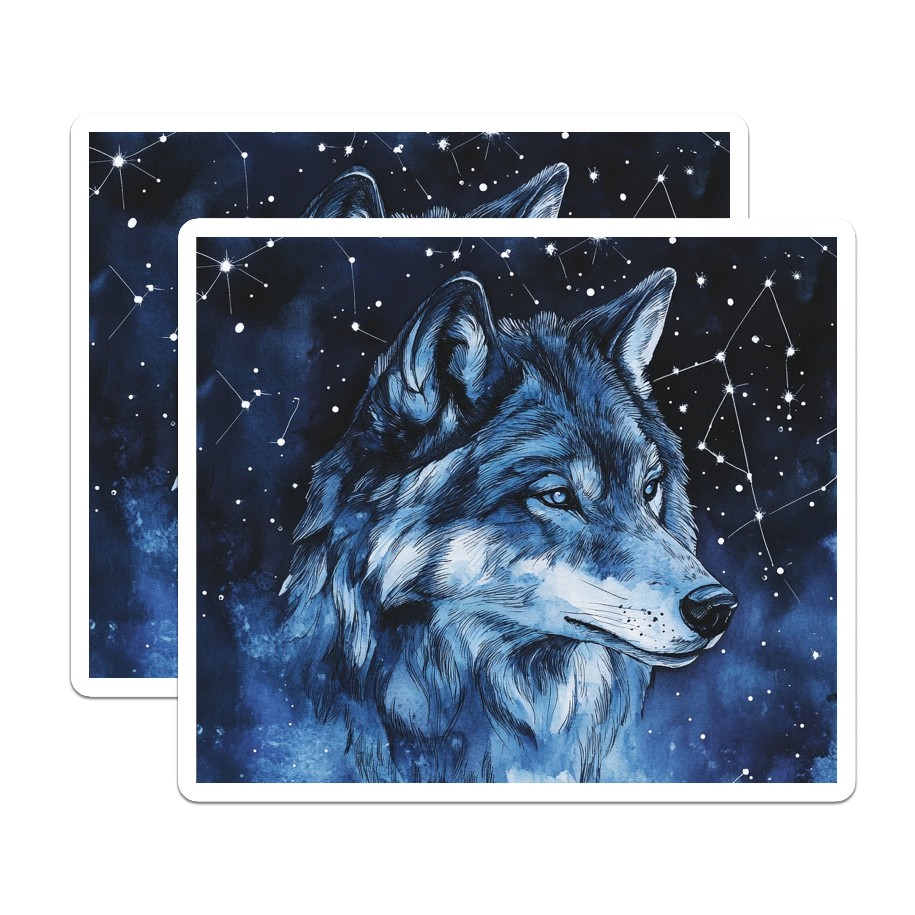 (2 Pack) Watercolor Wolf Magnets - Starry Night Animal Art - Cosmic Fridge Decor - 5 Inches On Longest Side - Thick Durable Magnet - Made in USA - MAG39390