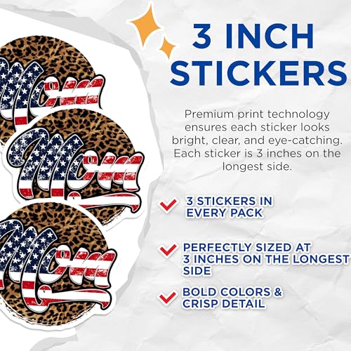 (3 Pack) Mom American Flag Decals - Leopard Print - Mother's Day Decal - 3 Inches On Longest Side - Easy Peel & Apply - Made in USA - 3MCS6206
