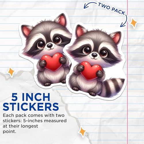 (2 Pack) Cute Raccoon Holding Heart Stickers - Animal Lover Sticker - Cute Animal Decal - Adorable Raccoon Art Stickers - 5" On Longest Side - Sticks to Smooth Flat Surfaces - Made in USA - BMCS3669