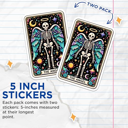 (2 Pack) Celestial Skeleton Angel Stickers - Mystical Skeleton Stickers - Unique Angel Stickers for Journals - 5" On Longest Side - Sticks to Smooth Flat Surfaces - Made in USA - BMCS5345