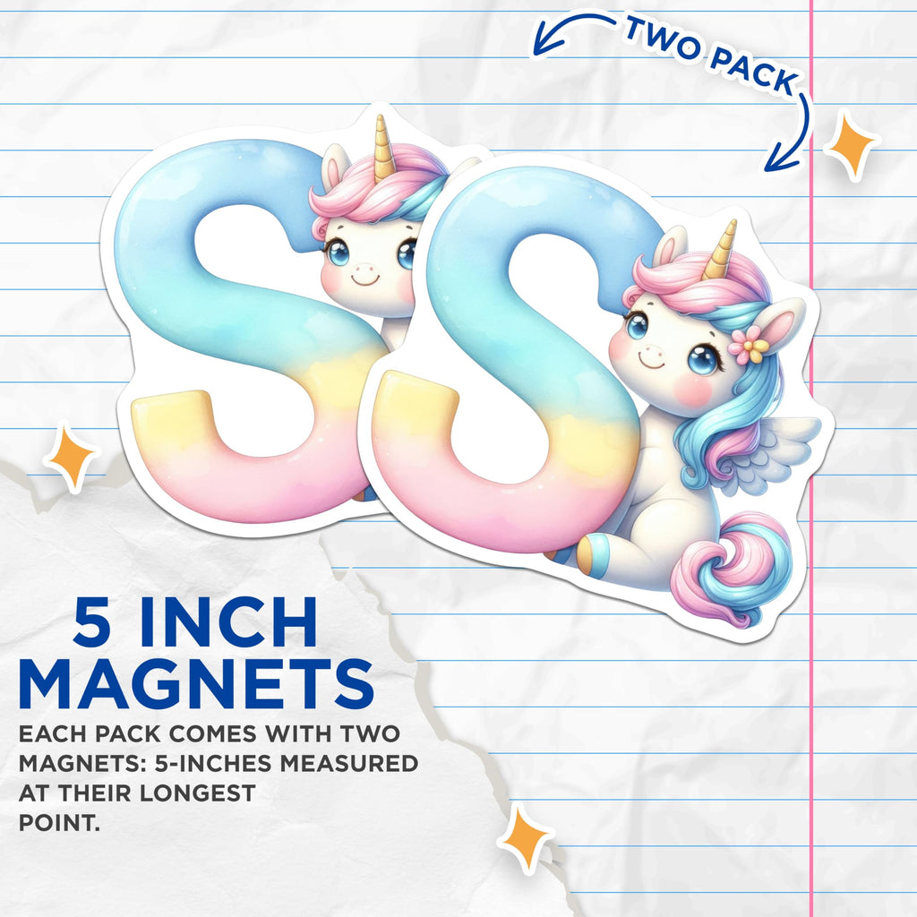 (2 Pack) Unicorn Initial S Magnets - Cute Letter S - Alphabet Refrigerator Decoration - 5" On Longest Side - Premium Magnet - for Cars, Refrigerators, Toolboxes, Lockers - Made in USA - MAG16214