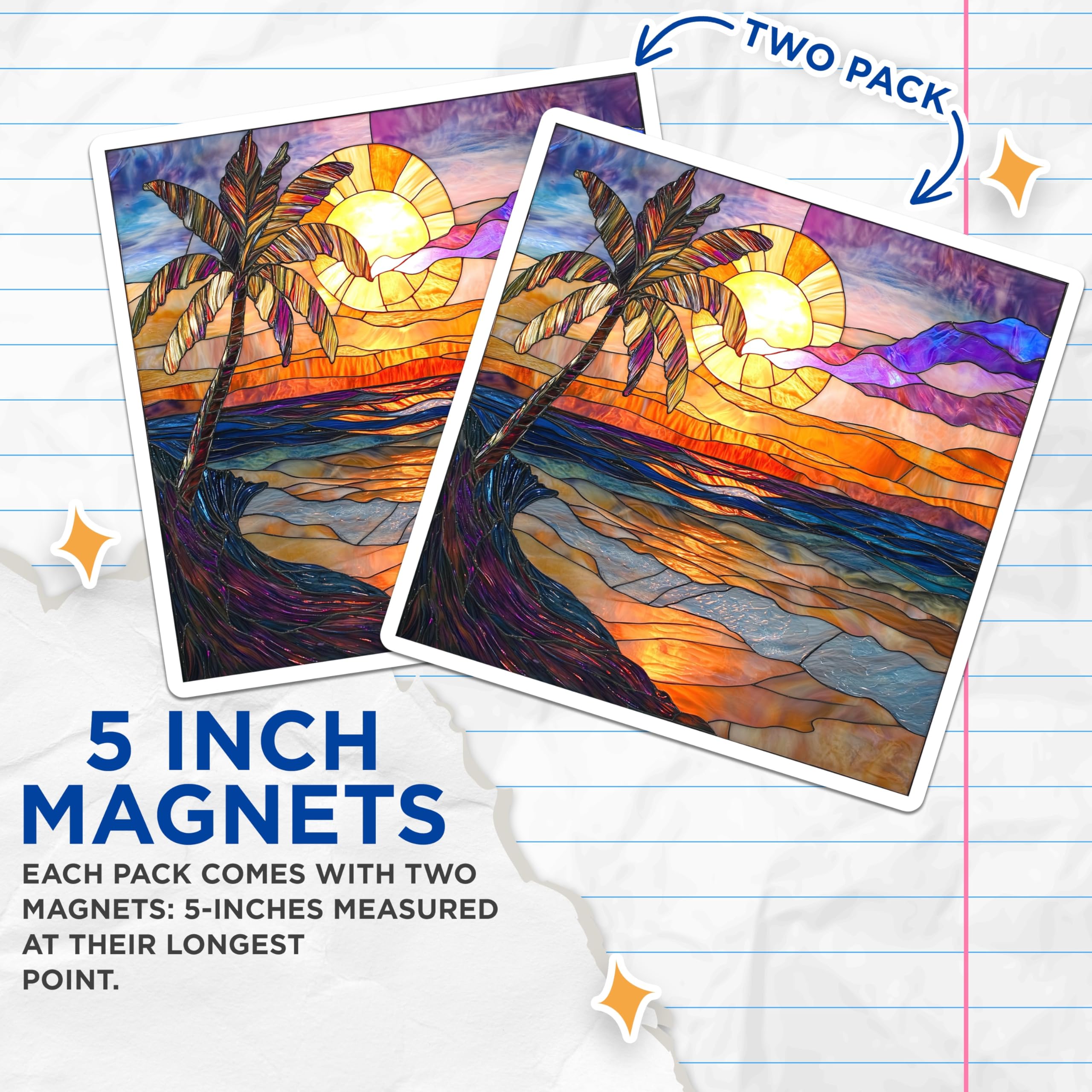 (2 Pack) Stained Glass Sunset Magnets - Tropical Beach Decor - Palm Tree Ocean Scene - 5 Inches On Longest Side - Thick Durable Magnet - Made in USA - MAG25901