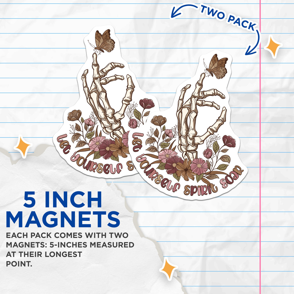 (2 Pack) Boho Skeleton Hand Magnets - Let Your Spirit Soar - Butterfly Floral Decor Aesthetic - 5 Inches On Longest Side - Thick Durable Magnet - Made in USA - MAG38163
